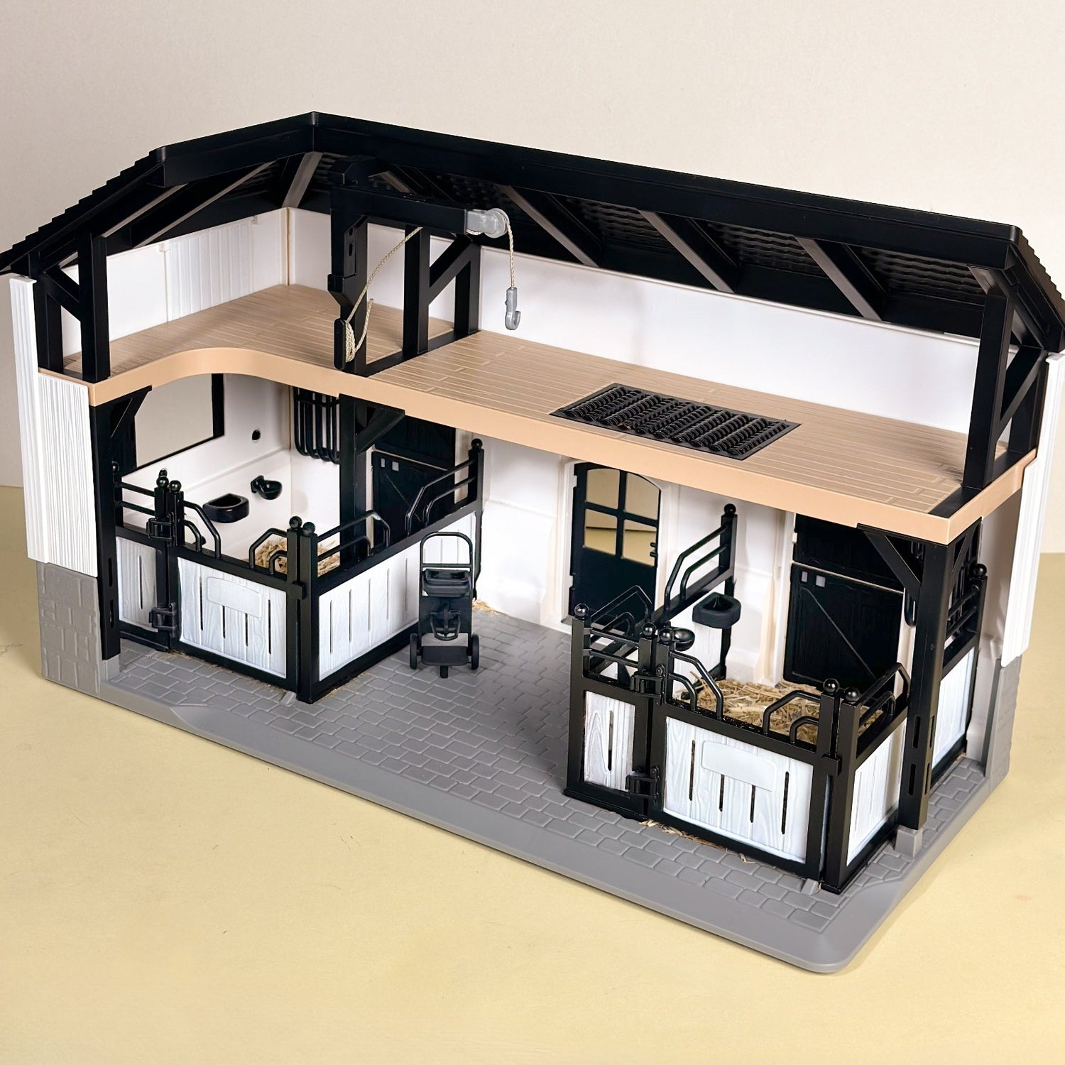 Customized Black and white Barn for Schleich model horses