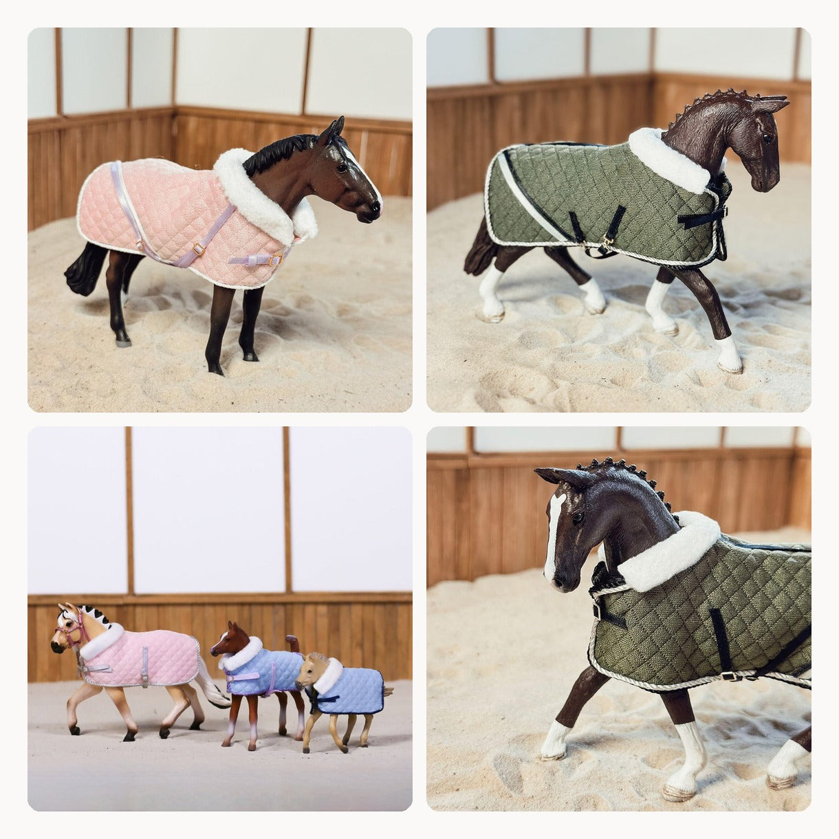 Stable blankets made from our DIY kits in assorted colours, on Schleich model horses, scale 1:20
