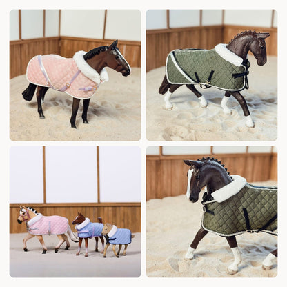 Stable blankets made from our DIY kits in assorted colours, on Schleich model horses, scale 1:20