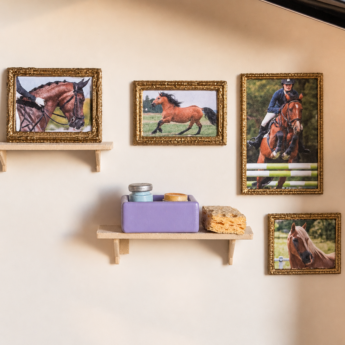 Four gold miniature picture frames in different sizes with horse photos on a cream wall, beside two small shelves with a lavender grooming box and a sponge